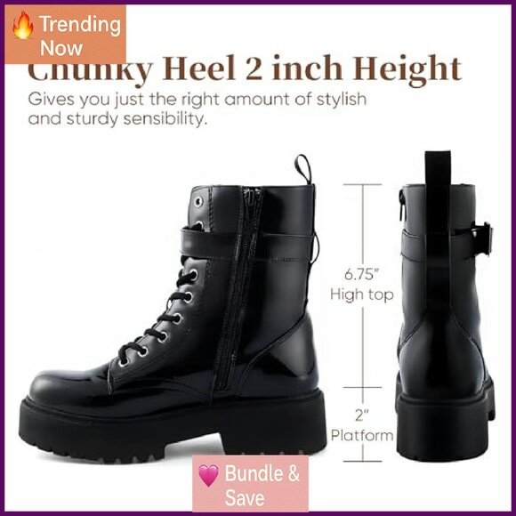 Chunky Heel Patent Leather Combat Boots, Side Zipper & Lace-Up Ankle Booties - Picture 4 of 8